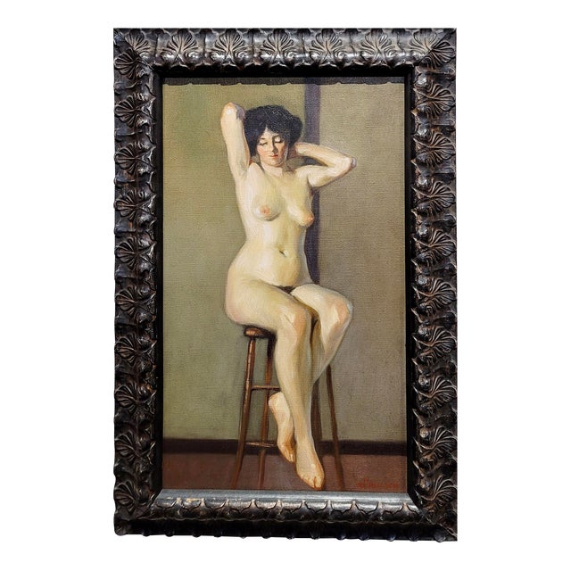 Niels Peter Nielsen- Nude Female at a Bar Stool-1930s Oil Painting For Sale