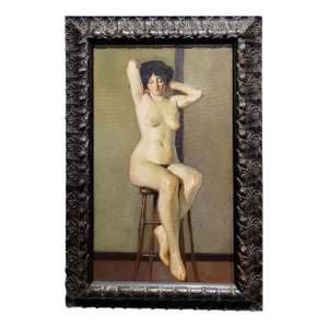 Niels Peter Nielsen- Nude Female at a Bar Stool-1930s Oil Painting