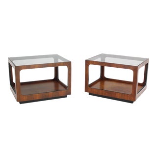 Mid-Century Modern Rectangular Cube Shape Glass Top Walnut End Tables - a Pair For Sale