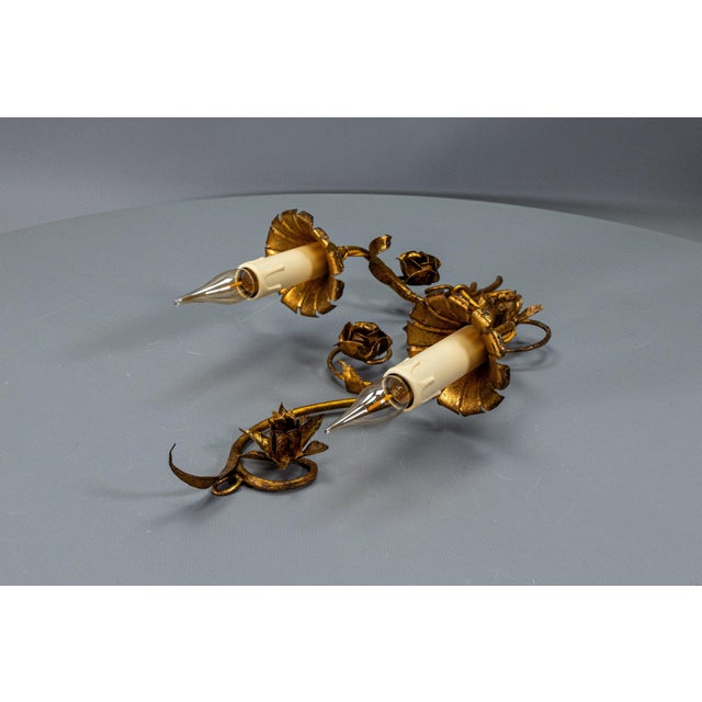 Hollywood Regency Gilt Metal Botanical Two-Light Wall Sconce, 1950s For Sale - Image 14 of 18