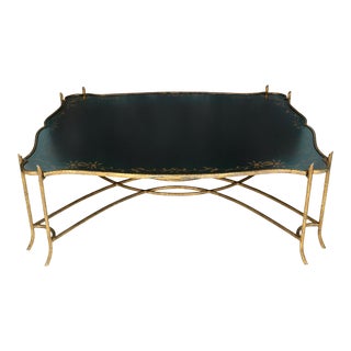 Monumental Maitland Smith Style Coffee Table With Chinoiserie Top and Brass Base For Sale
