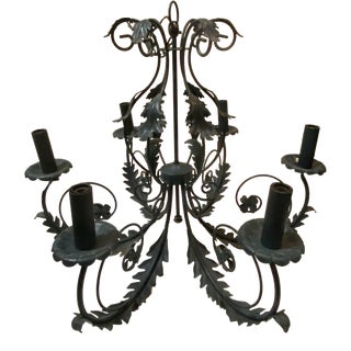 Vintage Dark Green Tole Leaf Chandelier For Sale