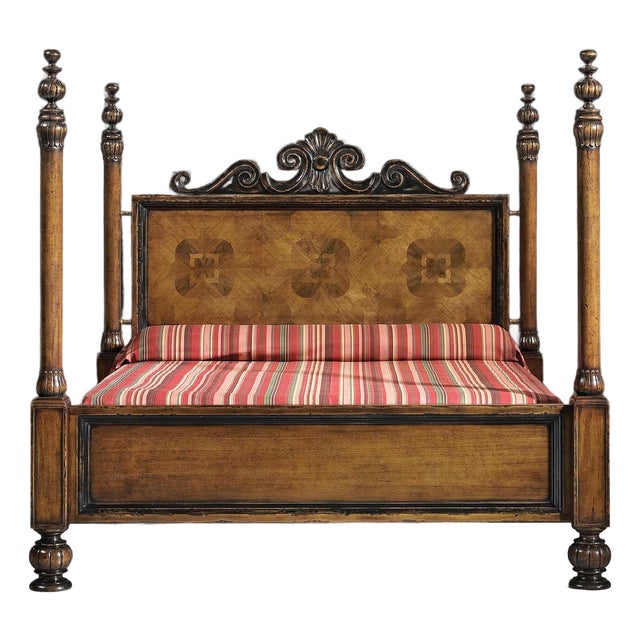 Italian Rustic King Bed With Reclaimed Walnut & Cherry Panels For Sale