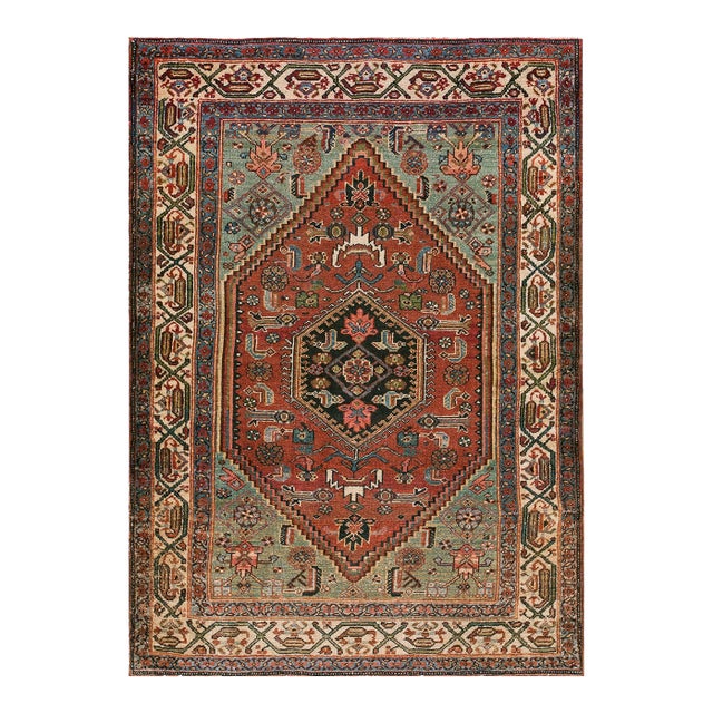 1900s Red Medallion Antique Persian Malayer Carpet 3'4" X 4'10" Handknotted Wool Rug For Sale