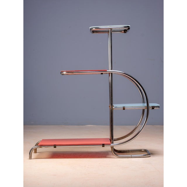 20th Century Bauhaus Steel Plant Stand with Colored Glass Shelves by Emile Guyot, Czechoslovakia, 1930 For Sale - Image 4 of 6
