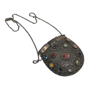 Vintage Sajai Metal and Agate Scroll Box Coin Purse, Handmade in India