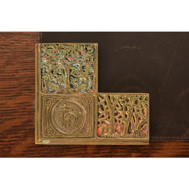 Bronze Tiffany Studios New York Bookmark Pattern Bronze Doré and Enamel Blotter Corners With Leather Desk Blotter For Sale - Image 8 of 13