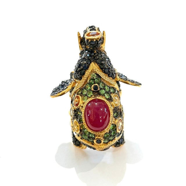 Bochic "Orient" Ruby, Emerald & Sapphire Elephant Rings Set In 18K Gold & Silver For Sale - Image 17 of 18