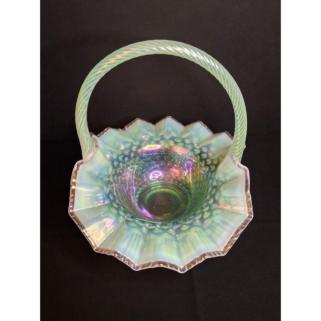 Mid-Century Modern Vintage Fenton Green Opalescent Carnival Hobnail Glass Basket Ruffled Iridescent 10" For Sale - Image 3 of 16