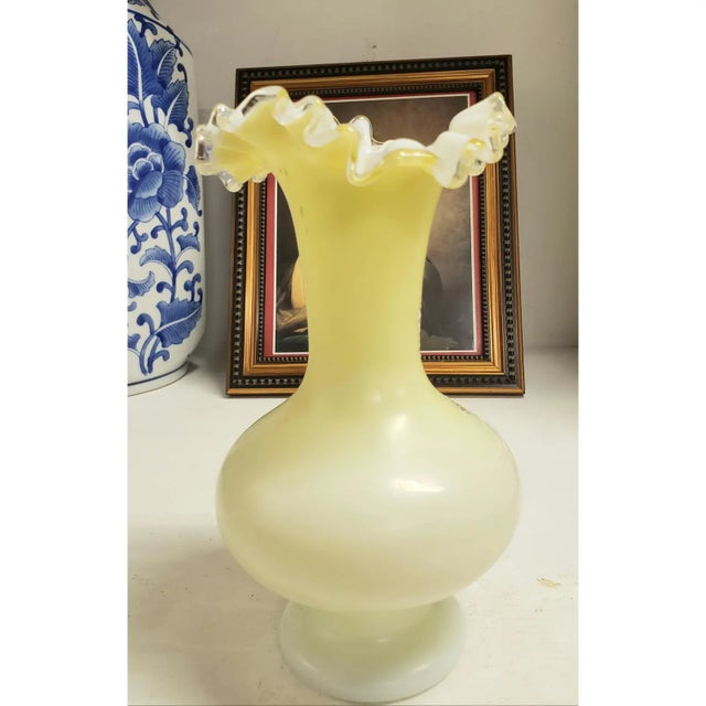 Victorian Vintage Fenton Hand-Painted Butterfly Uranium Glass Vase | Satin Custard Ruffled Rim For Sale - Image 3 of 12