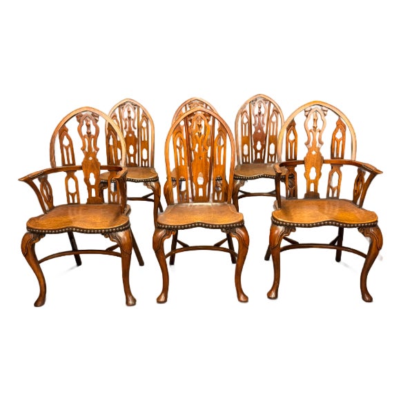 1990s Set of 6 Gothic Windsor Style Mahogany Dining Chairs With Leather Seats, 2 Armchairs & 4 Side Chairs For Sale