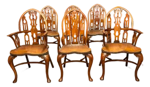 1990s Set of 6 Gothic Windsor Style Mahogany Dining Chairs With Leather Seats, 2 Armchairs & 4 Side Chairs