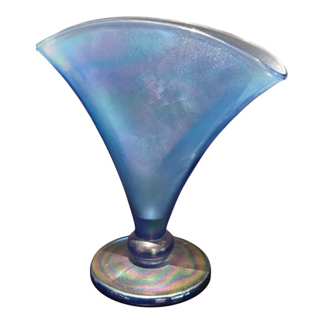 Vintage Fenton Blue Iridescent Glass Fan Vase by the Metropolitan Museum of Art For Sale