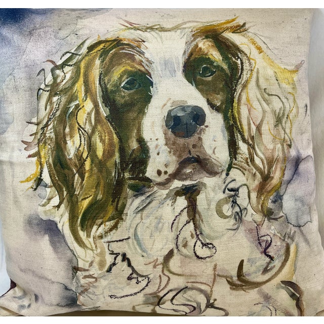 Figurative 16” Square Decorative Throw Pillow Adorned With the Portrait of an Adorable Springer Spaniel Dog in a Water Color Look Finish - Made in the U K For Sale - Image 3 of 10