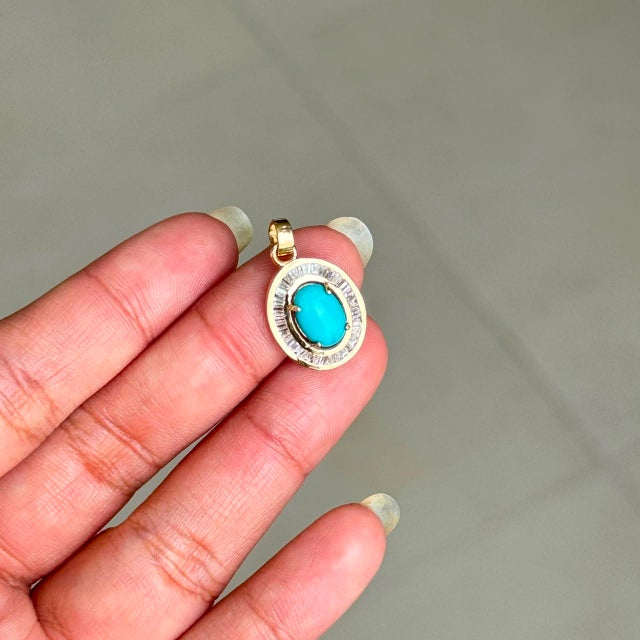 Contemporary Art Deco 1.43ct Turquoise & Baguette Diamond Halo Pendant in 14k Gold For Sale - Image 3 of 14
