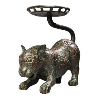 Late 19th Century Bronze Tiger-Form Fruit Tray, 2600g, Archaic Motifs, Sculptural Stand For Sale