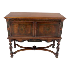 Paint Decorated Two Door Jacobean Style Turned Legs Stretcher Base Server