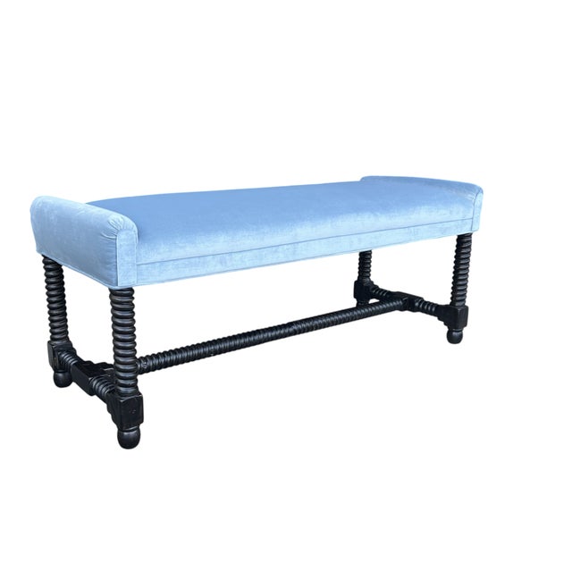 1970s Jacobean Revival Barley Twist Velvet Upholstered Bench For Sale - Image 4 of 11