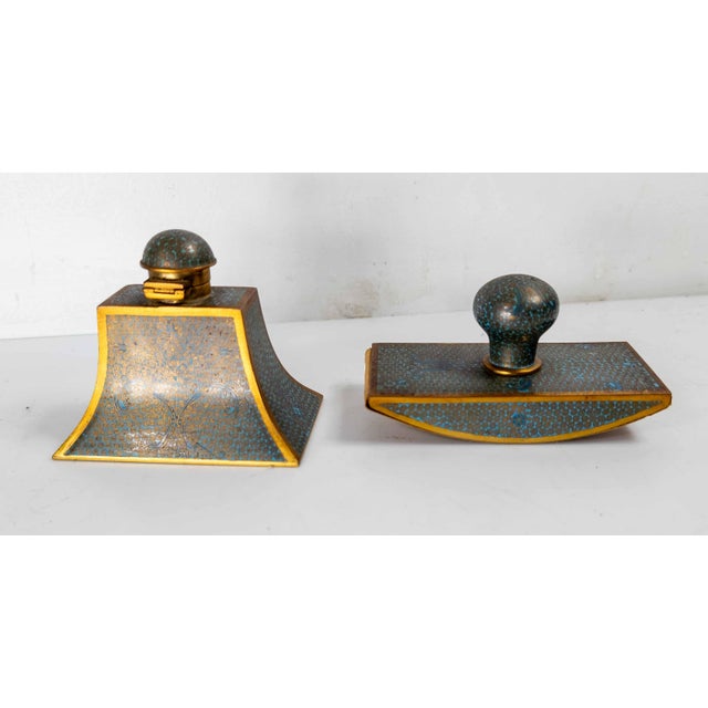 20th Century Chinese Turquoise Teal Cloisonne Enamel Desk Set For Sale In New York - Image 6 of 15