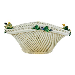 Italian Capodimonte Style Vintage Italy Reticulated Porcelain Basket With Birds & Floral Decoration For Sale