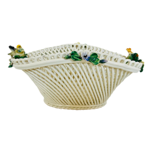 Italian Capodimonte Style Vintage Italy Reticulated Porcelain Basket With Birds & Floral Decoration