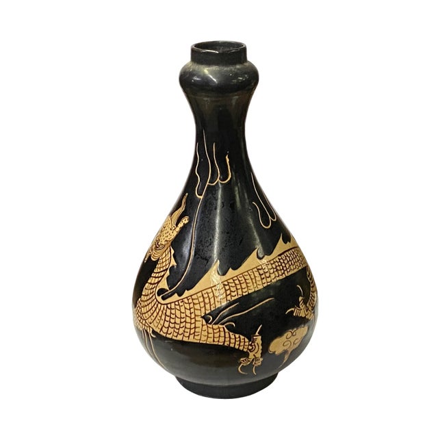 Chinoiserie Chinese Ware Brown Black Glaze Dragon Theme Ceramic Jar Vase For Sale - Image 3 of 6