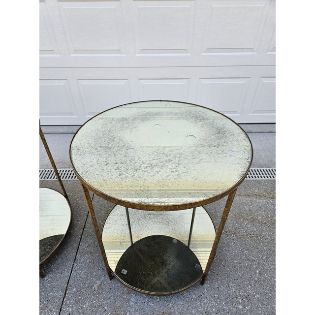 Metal Oly Studio Round Jonathan Antiqued Mirrored Side Tables For Sale - Image 7 of 12