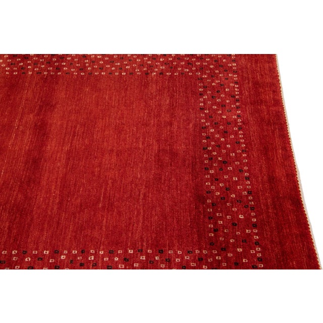 Modern Gabbeh Red Handmade Designed Persian Wool Rug For Sale In New York - Image 6 of 9