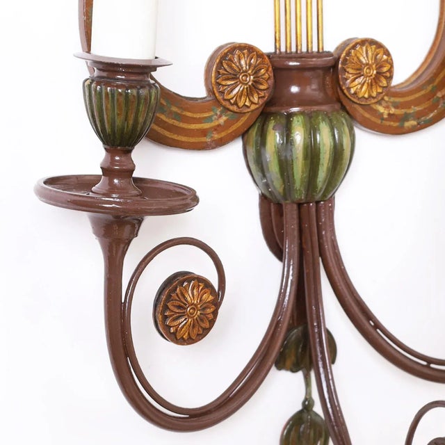 Metal Antique Lyre Form Adam Style Tole Wall Sconces For Sale - Image 7 of 11