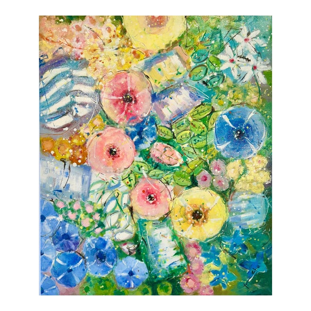 Modern Abstract Floral Painting on Canvas, by Youn Cho For Sale