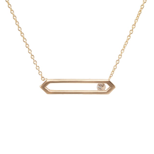 14k Yellow Gold 0.15ct Round Cut Diamond Floating Geometric Bar Pendant Necklace For Sale - Image 4 of 8