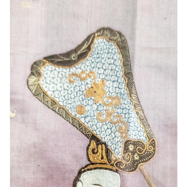 19th Century Chinese Fine Silk Embroidered Panel With Figures on Purple Ground For Sale - Image 14 of 16