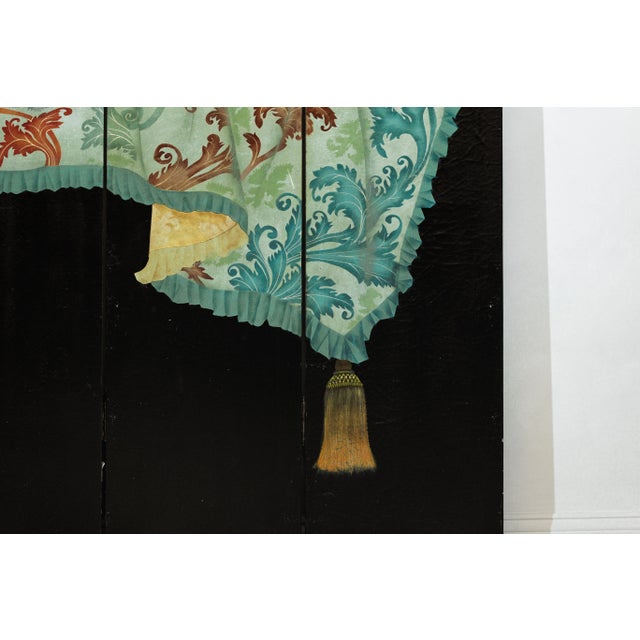 Four-Panel Chinese Screen with Hand-Painted Drapery and Tassel Motif For Sale - Image 11 of 12