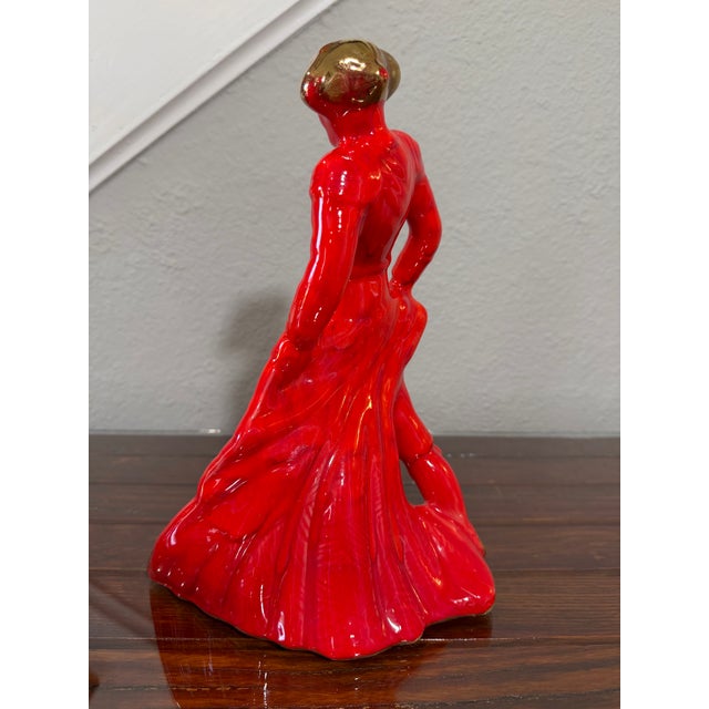 Large Pair of 1950s MCM Glossy Firehouse Red and Gilded Kt Gold Paint Accents Ceramic Fighting Bull and Matador Figurines For Sale - Image 10 of 12