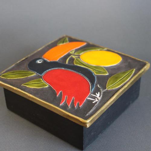 Vintage French Jewellery Box with Enamel Lid and Toucan Motif by Mithé Espelt, 1960s For Sale - Image 12 of 16
