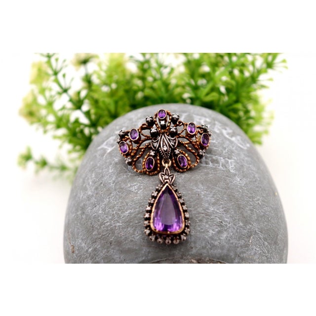 Metal Gold and Silver Brooch with Diamond and Amethyst Chips For Sale - Image 7 of 7