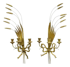 Vintage Italian Hollywood Regency Gold Iron Sheaf of Wheat Candle Wall Sconces - A Pair