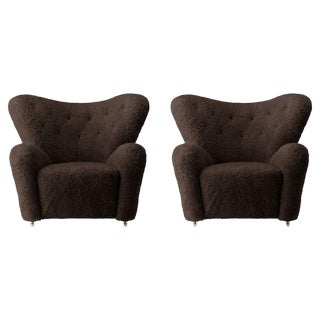 Set of Espresso Sheepskin the Tired Man Lounge Chair by Lassen For Sale