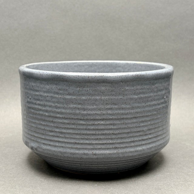 • Vintage ceramic art pottery planter pot with ribbed horizontal detailing. • Maker and country of manufacture unknown;...