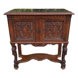 Antique Humidor Cabinet Table With Marble Top & Copper Lining For Sale