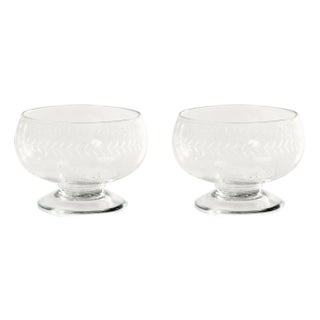 Tuscan 2-Piece Set Handmade Etched Condiment Glass Footed Bowls, Large For Sale