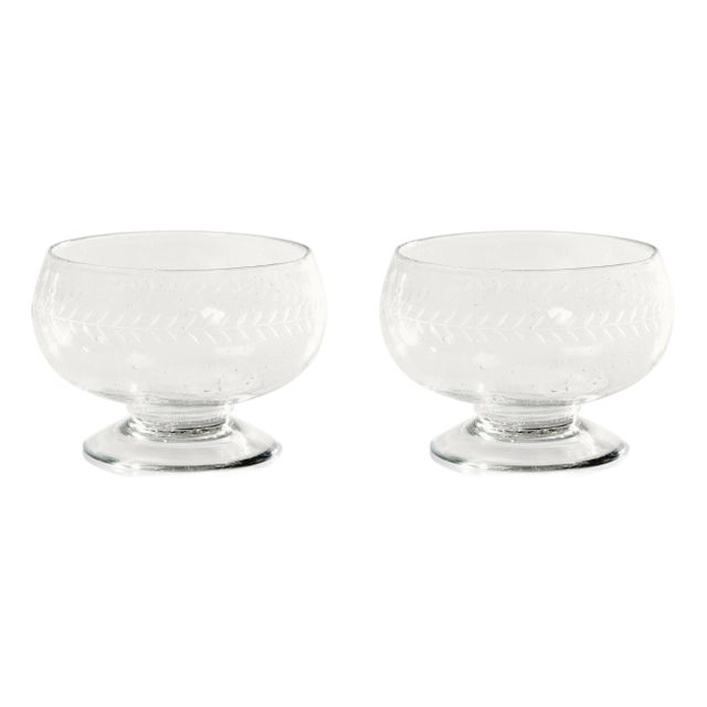 Tuscan 2-Piece Set Handmade Etched Condiment Glass Footed Bowls, Large For Sale