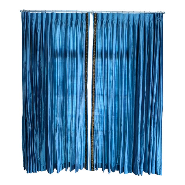 Blue Silk With Green and Gold Trim Draperies- 2 Panels For Sale