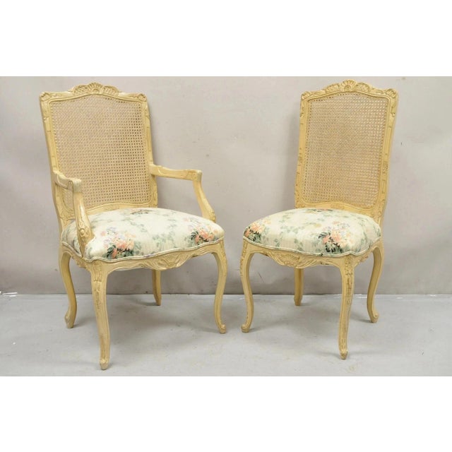 Vintage French Country Louis XV Style Cane Back Painted Dining Chairs - Set of 6. Listing includes (2) Armchairs, (4) side...