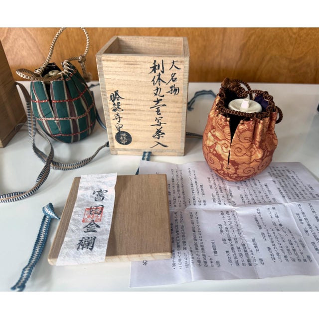 Textile Three Japanese Vintage Tea Caddies by Noted Potters with Shifuku and Tomobako For Sale - Image 7 of 15