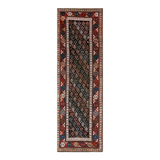 1900s Blue Navy Geometric Tribal Caucasian Moghan Runner Rug 3' X 9'6" Handknotted Wool Carpet For Sale