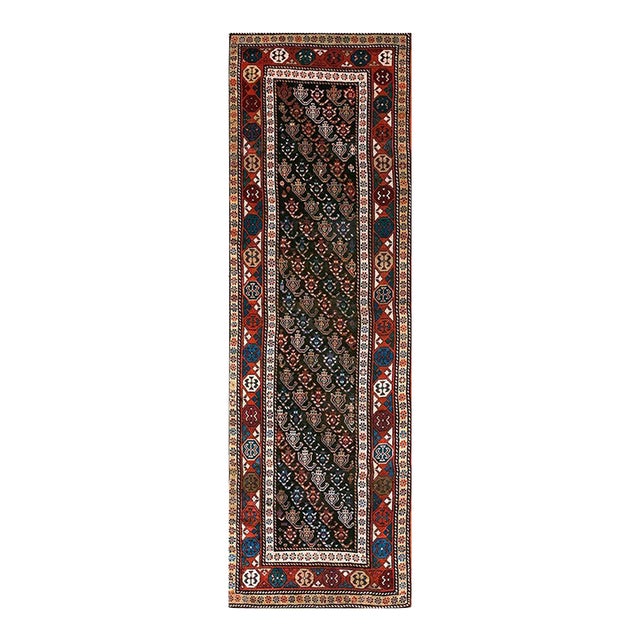 1900s Blue Navy Geometric Tribal Caucasian Moghan Runner Rug 3' X 9'6" Handknotted Wool Carpet For Sale