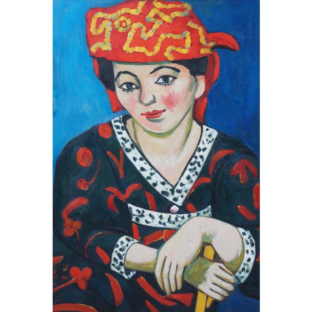 Late 20th Century The Red Madras Headdress Portrait Oil Painting After Henri Matisse Framed For Sale - Image 11 of 11