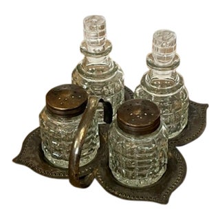 Vintage 4-Piece Glass and Metal Condiment Cruet Set - 5 pcs For Sale