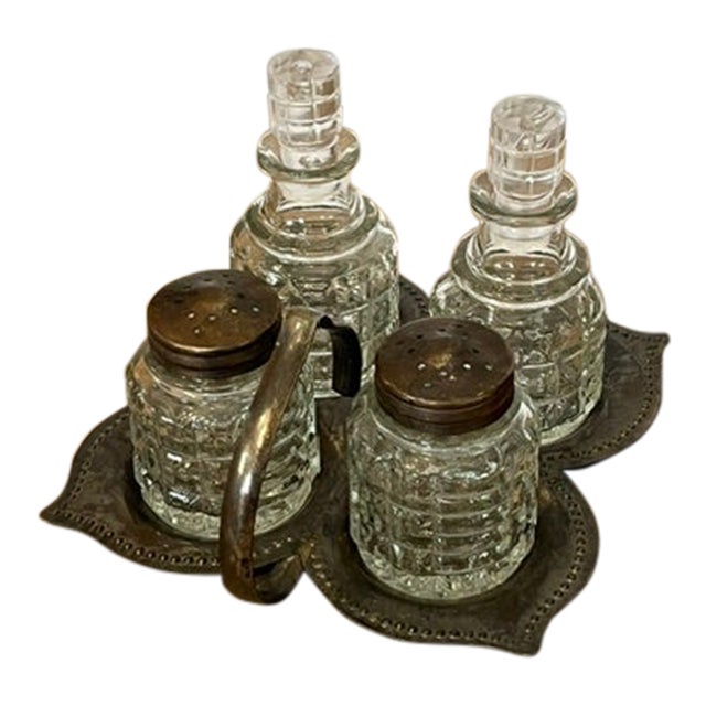 Vintage 4-Piece Glass and Metal Condiment Cruet Set - 5 pcs For Sale